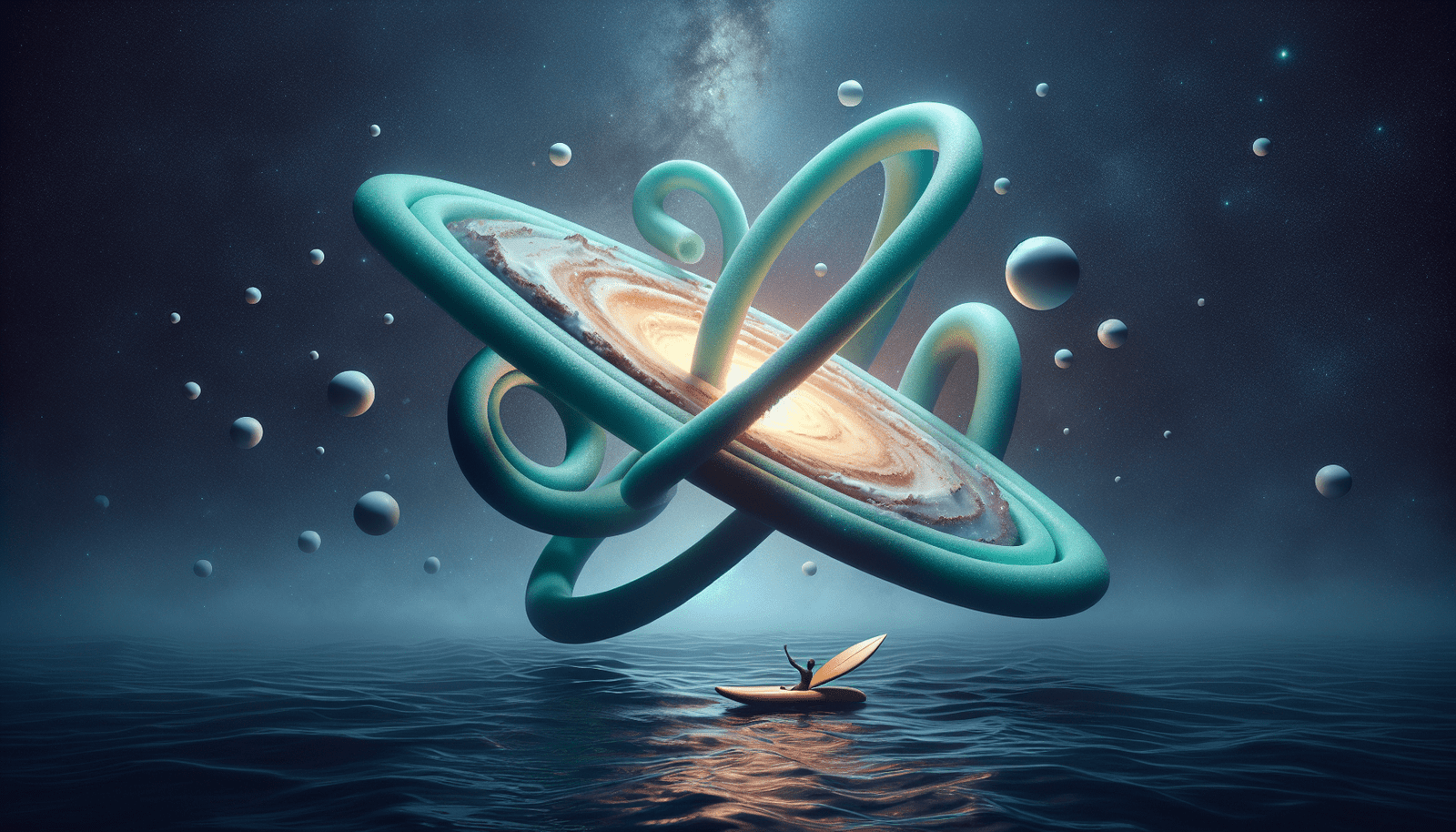 Surreal depiction of a lone sailboat on water with a cosmic, ringed galaxy hovering above, set against a starry sky backdrop.