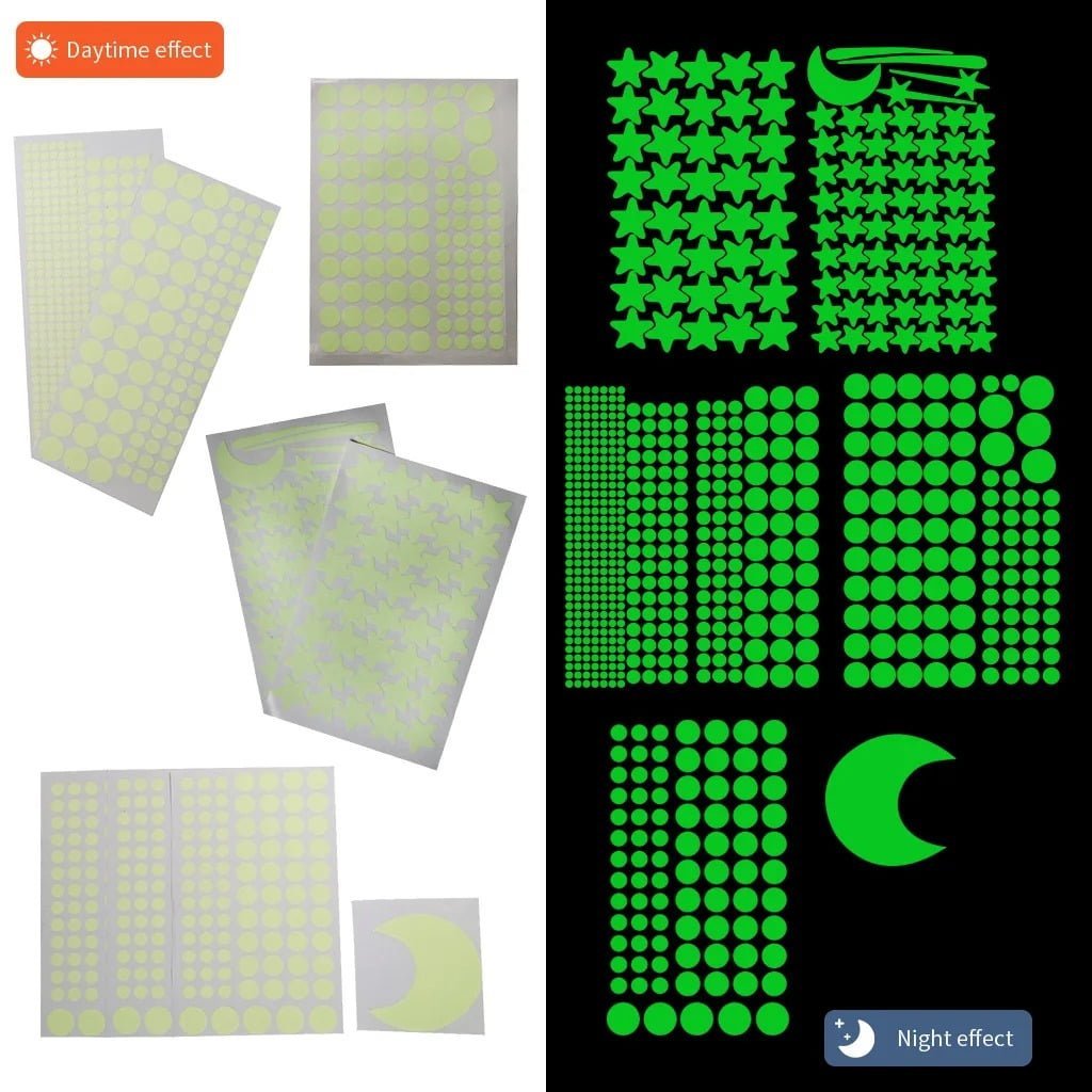 A set of green glow-in-the-dark moon and star wall stickers.