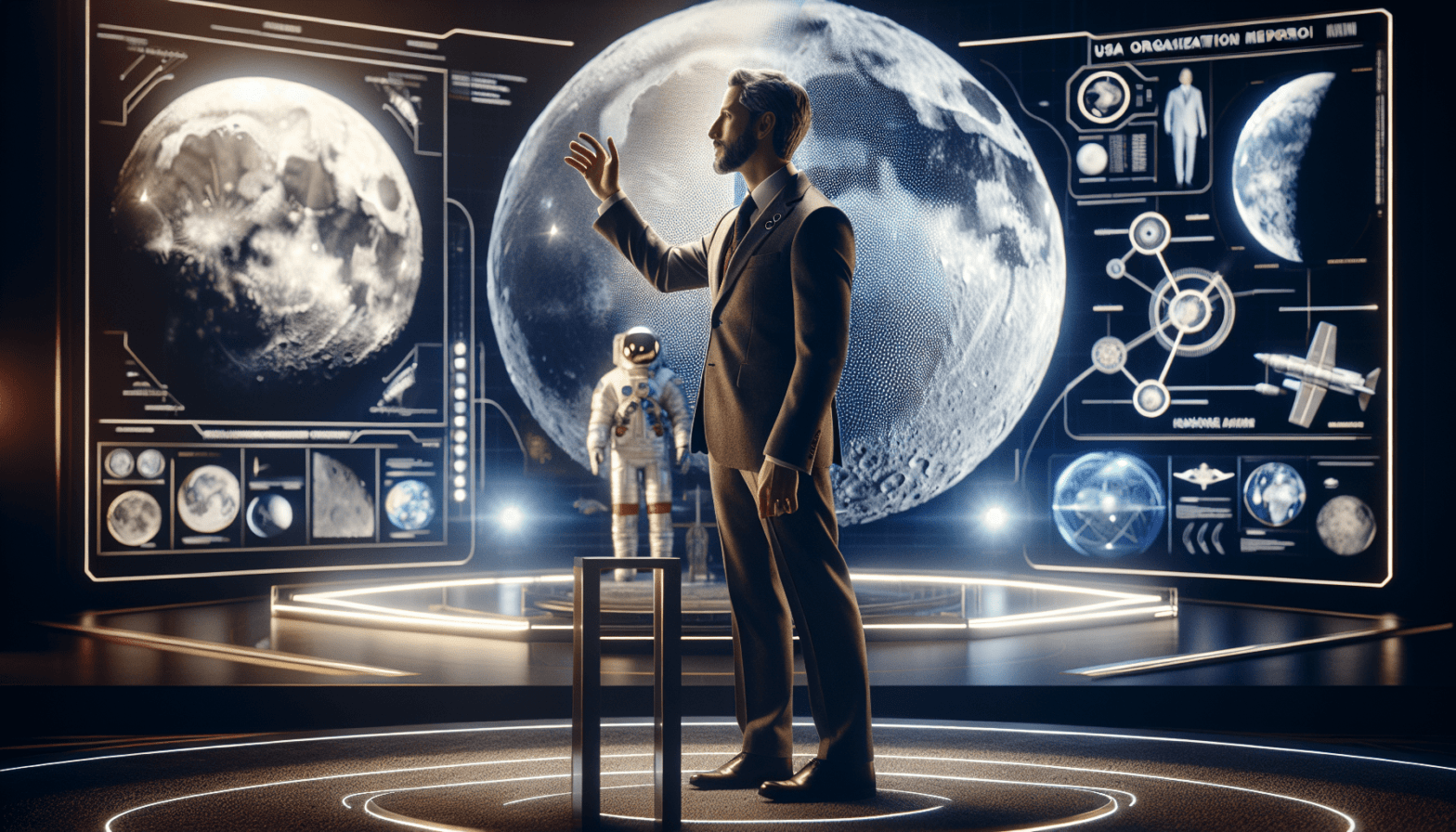 A man in a suit is standing in front of a futuristic screen.