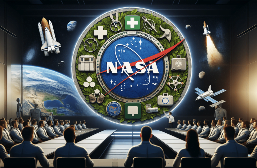 Nasa logo in front of a group of people.