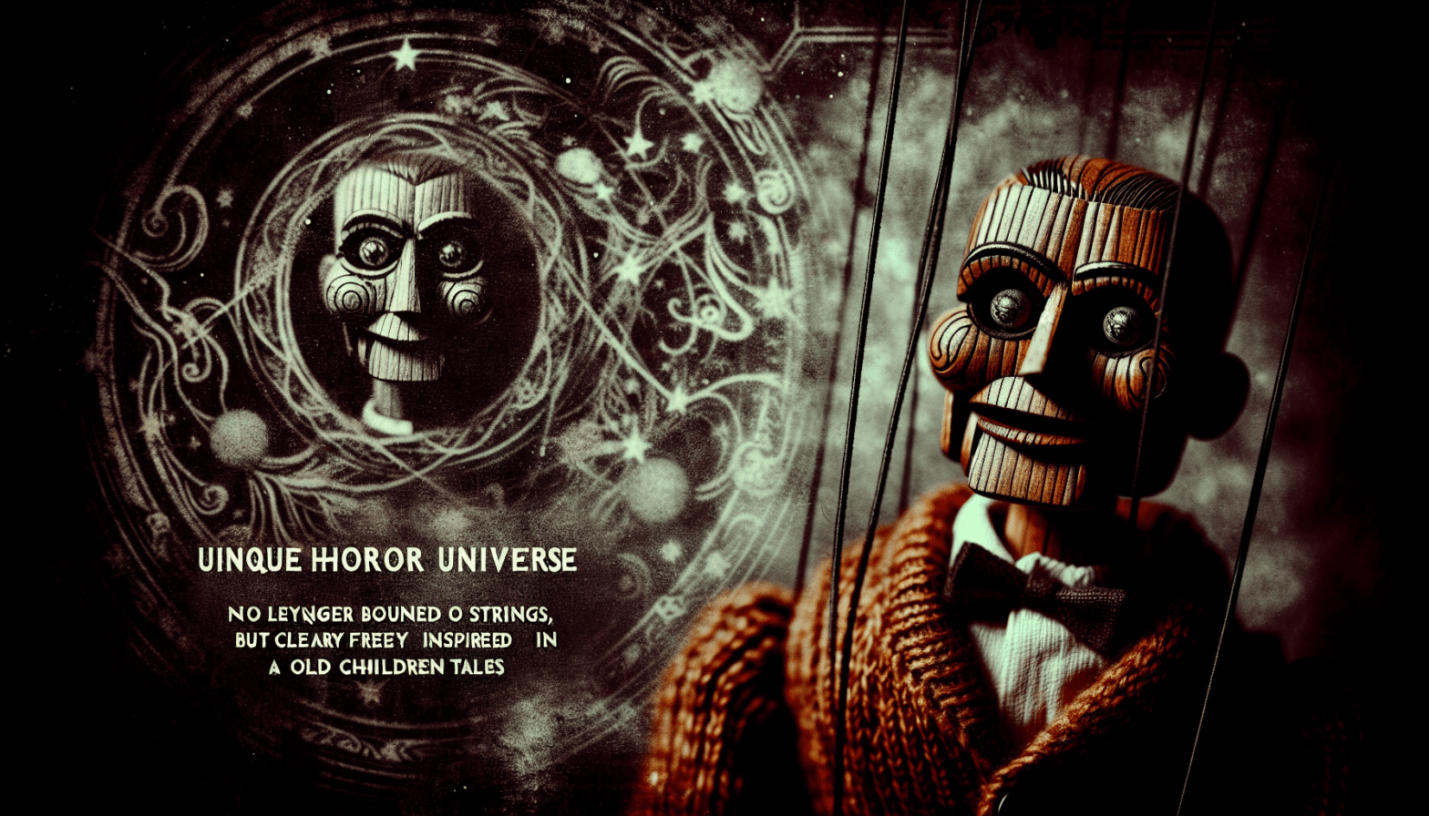 A wooden puppet with detailed carving stands beside text on a dark, mysterious background with horror-inspired illustrations.