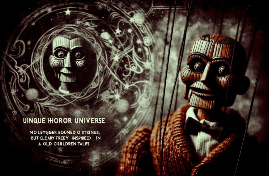 A wooden puppet with detailed carving stands beside text on a dark, mysterious background with horror-inspired illustrations.