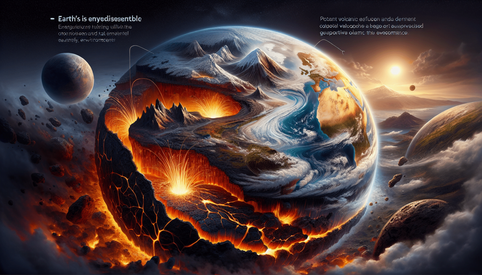 A vivid artist's rendition of a surreal, fiery earth transitioning through various environmental states.