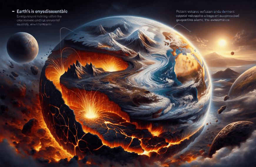 A vivid artist's rendition of a surreal, fiery earth transitioning through various environmental states.