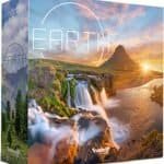 A board game box titled "Earth" with an image of a mountainous landscape, environmentally made, and a waterfall at sunset.