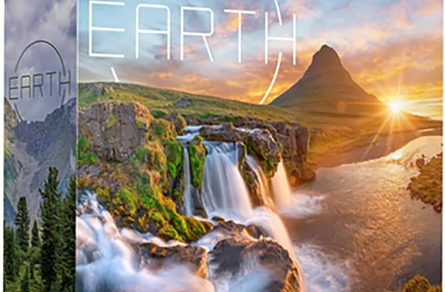 A board game box titled "Earth" with an image of a mountainous landscape, environmentally made, and a waterfall at sunset.