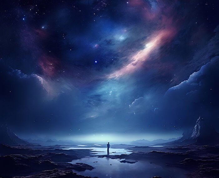 A person stands on a reflective water surface under a vibrant starry night sky with colorful cosmic clouds and wonders of space, along with distant mountains.