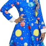 Woman wearing a fashion-forward blue dress with an astronomy-inspired print, featuring planets and stars.