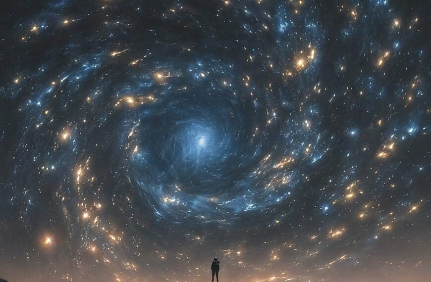 A person stands atop a hill under a starry sky with swirling galaxies and nebulae illuminating the cosmos.