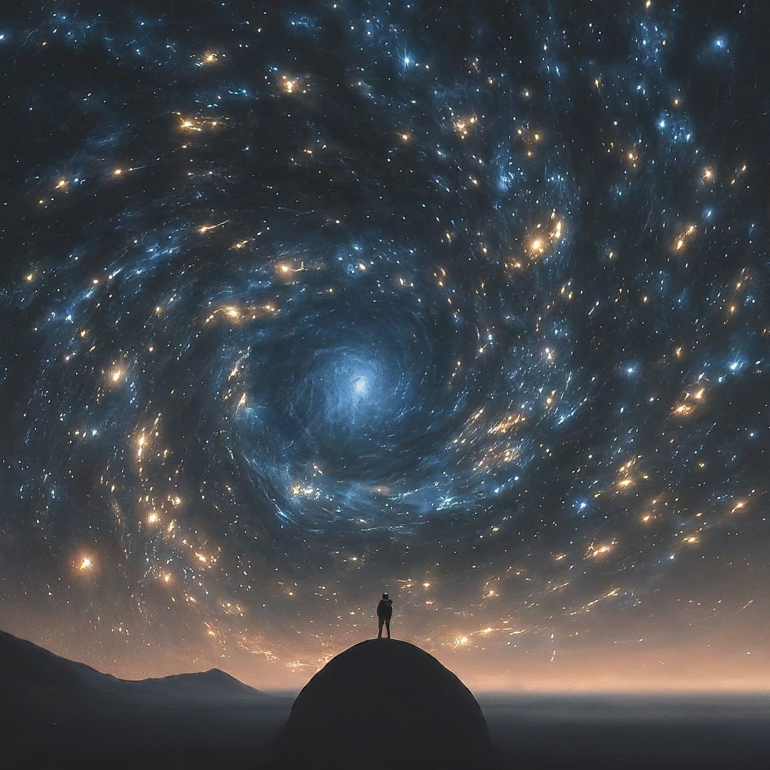 A person stands atop a hill under a starry sky with swirling galaxies and nebulae illuminating the cosmos.