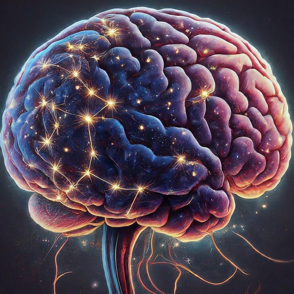 Illustration of a human brain with glowing nodes and neural connections on a dark background, highlighting neural activity and connectivity in a cosmological context.