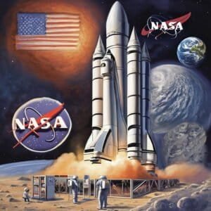 Illustration of a nasa rocket launch with astronauts nearby, earth and moon in the background, and multiple nasa logos and an american flag.