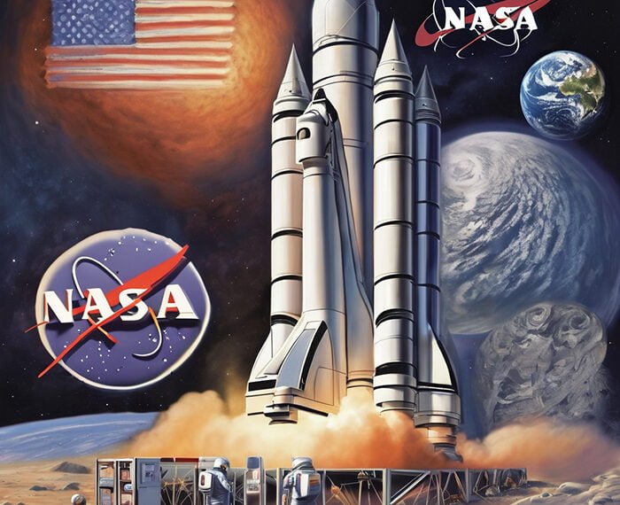 Illustration of a nasa rocket launch with astronauts nearby, earth and moon in the background, and multiple nasa logos and an american flag.