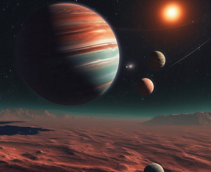A vivid illustration of a planetary system with a large rogue planet and multiple moons, viewed from the surface of a red, rocky planet under a dual-star system.