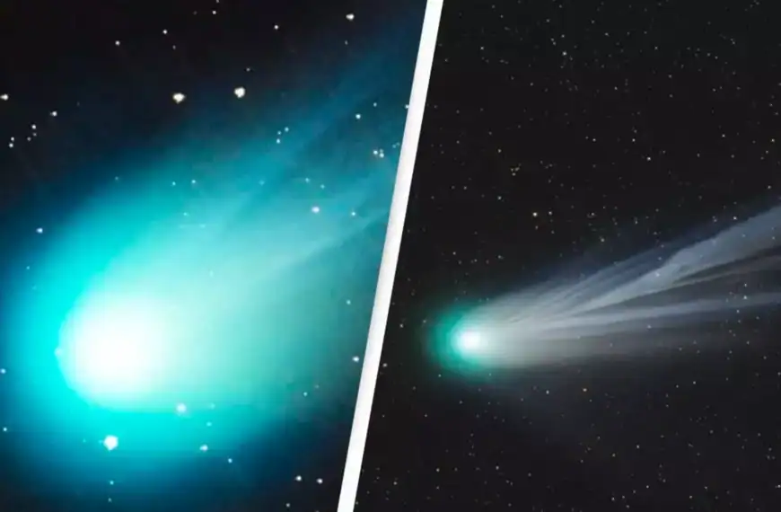 Two different views of the Mother of Dragons Comet against a starry background.