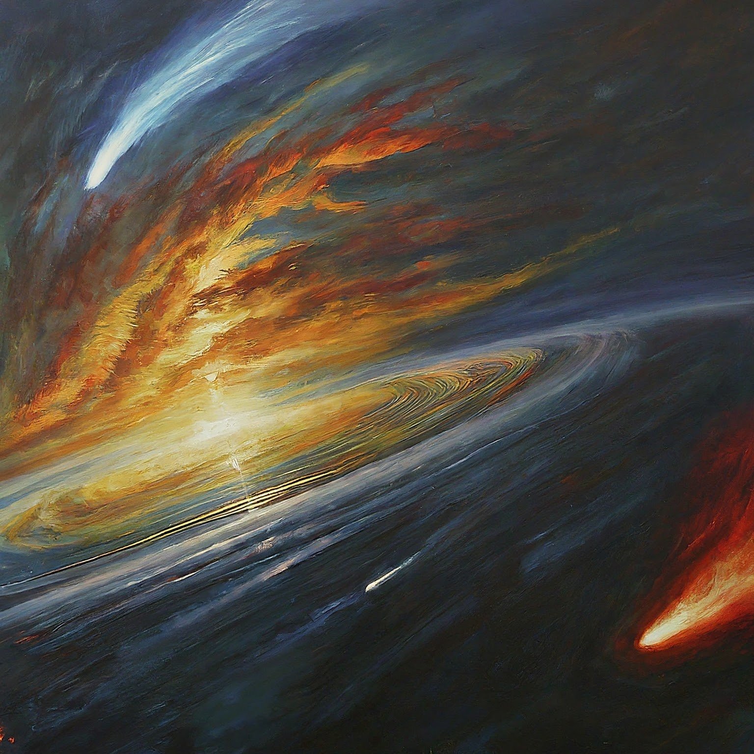 A cosmic scene depicting a bright, fiery explosion in space with swirling colors and gaseous clouds, suggesting a celestial event or phenomenon. Although *Can sound travel through space, and if so, how does it propagate* cannot travel through space, the visual intensity suggests an otherworldly roar that echoes silently across the universe.