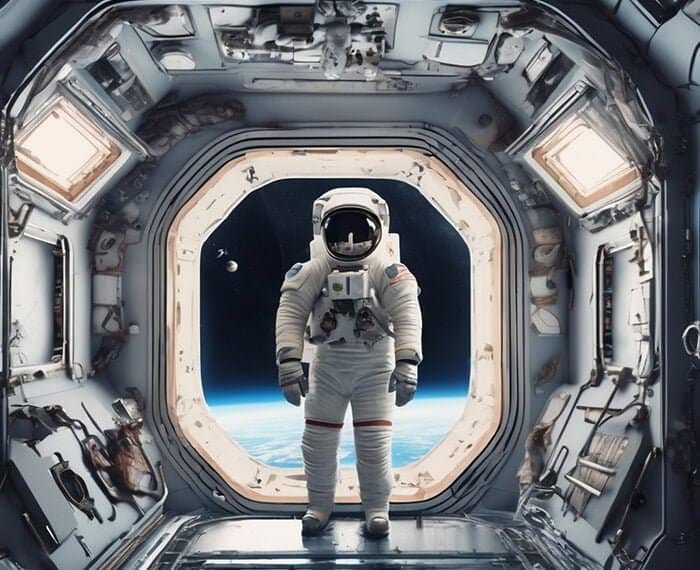An astronaut in a spacesuit stands inside Can_one_walk_in_space_png with Earth visible through the open hatch in the background.