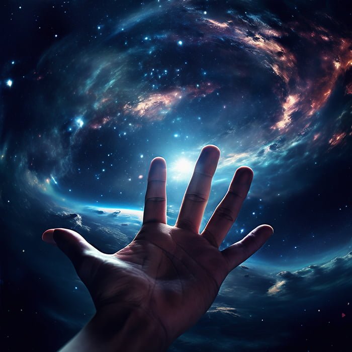 An open hand reaching towards Can_you_see_your_hand_in_space__png in a dark, starry sky.