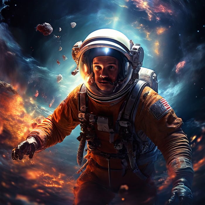 Image of an astronaut floating in space, surrounded by debris and a vibrant cosmic background, with flames and a US flag patch on their suit, desperately searching for Is_the_oxygen_in_space_png.