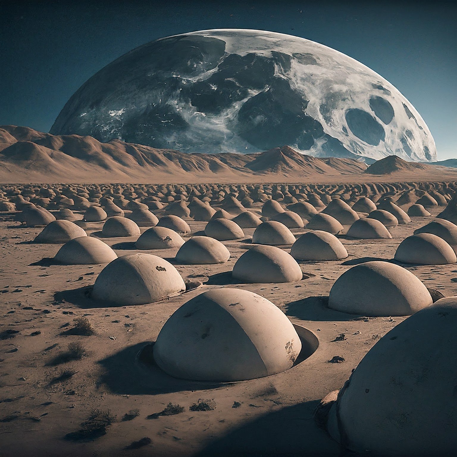 Rows of dome-shaped structures in a barren, desert-like landscape with a large, detailed moon dominating the sky in the background: The Future of Lunar Burials Exploring the Final Frontier 3.