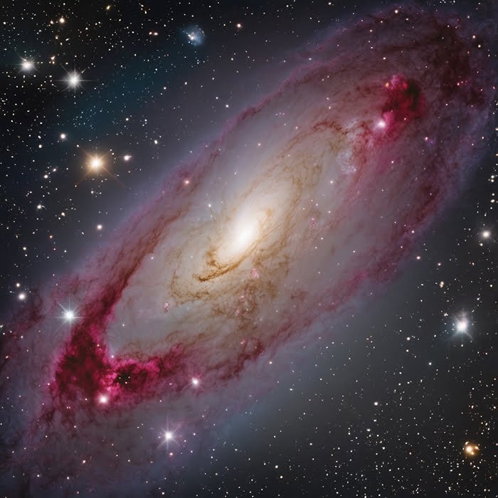 An image of NGC 1097, a barred spiral galaxy with prominent dust lanes and bright pink star-forming regions, set against a backdrop of numerous distant stars__Understanding_Galaxies__The_Building_Blocks_of_the_Universe_png.