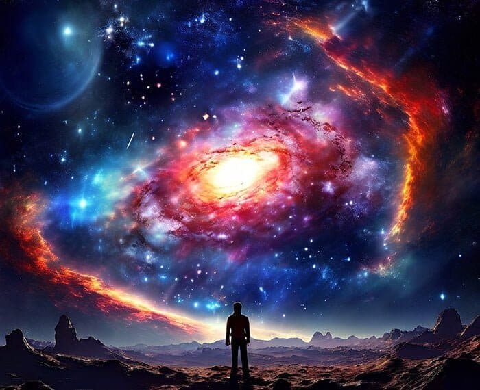 A person stands on a rocky terrain, gazing at a vibrant, swirling Unraveling_the_Cosmic_Mystery__How_Many_Galaxies_Exist_in_the_Universe__png (1) in a colorful, star-filled sky.
