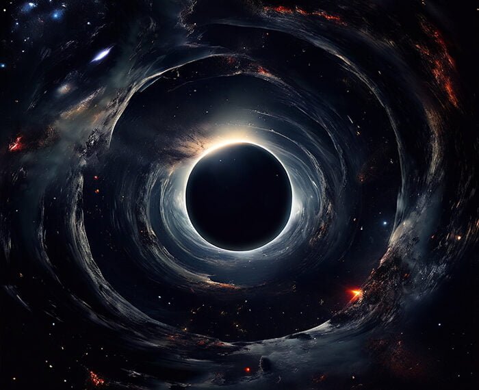 A digital illustration of multiple black_holes_png surrounded by swirling accretion disks and luminous celestial objects in a dark space.