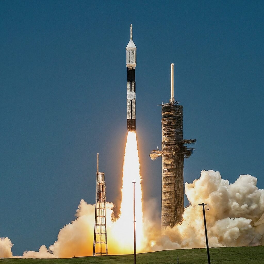 A NASA 1 launches vertically from a pad, with flames and smoke trailing beneath it, against a clear sky. A structure stands beside the pad, evoking the ambition of those who aspire to join NASA one day.