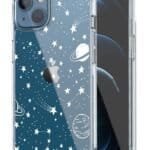 A smartphone with a starry outer space-themed transparent protective case featuring planets, stars, and comets.