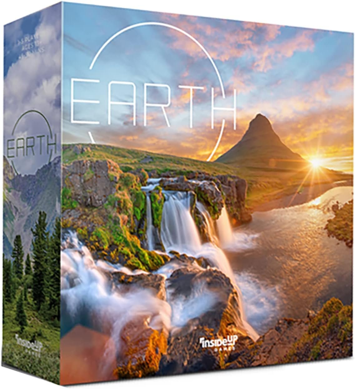 A board game box titled "EARTH" showing a picturesque landscape with a waterfall, mountain, and sunset. Contains the logo "InsideUp" on the box front.