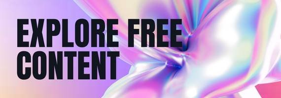 Black text reading "EXPLORE FREE CONTENT" stands out on a colorful, iridescent abstract background—perfect as a bold front page template for any creative project.