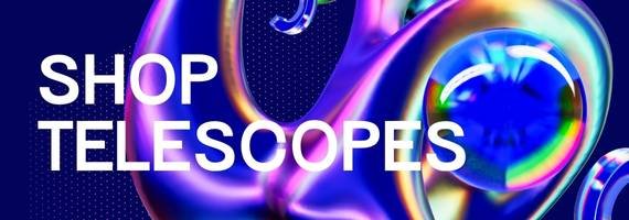Text "Shop Telescopes" appears on the front page over a background of abstract, shiny, colorful shapes and a dark blue backdrop, making it a standout template for eye-catching SEO visuals.