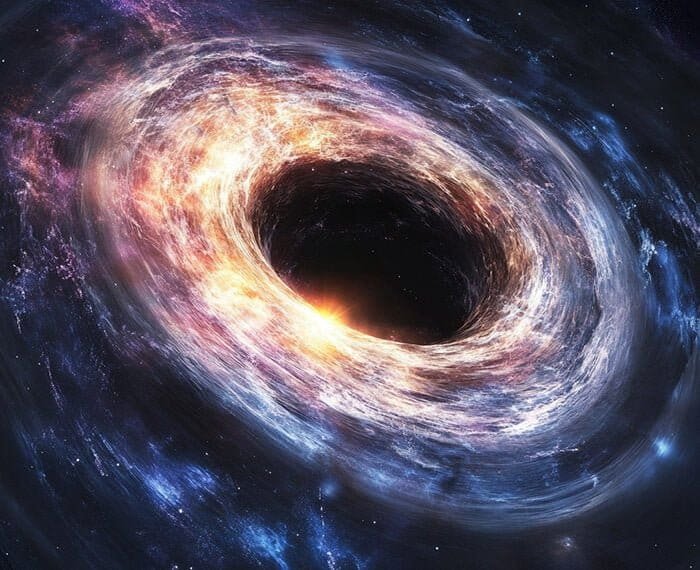 A vibrant depiction of a black hole in space, showing a swirling mass of colorful gases and light around the dark center—one wonders what mysteries lie within and if anything could have ever survived such an immense force.
