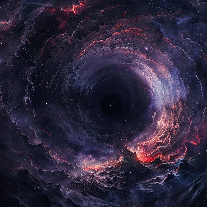 A swirling vortex of dark clouds and colorful nebula-like formations, resembling the experience of a black hole in space, with various shades of purple, pink, and red.