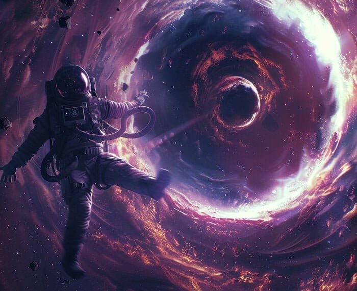 A lone astronaut floats in space near a large, glowing vortex surrounded by dark debris and colorful cosmic clouds, eerily close to the painful pull of a black hole.