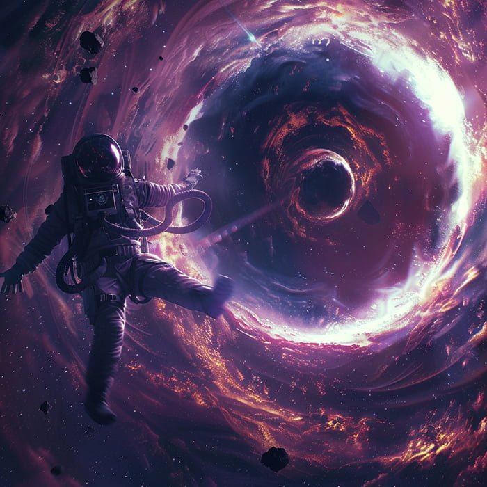 A lone astronaut floats in space near a large, glowing vortex surrounded by dark debris and colorful cosmic clouds, eerily close to the painful pull of a black hole.