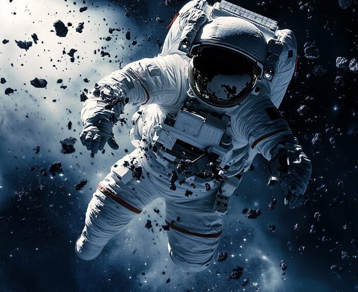 An astronaut in a white spacesuit floats in outer space, surrounded by small rocky debris with a dark, starry background, the silence contrasting the imagined sound of space noise.