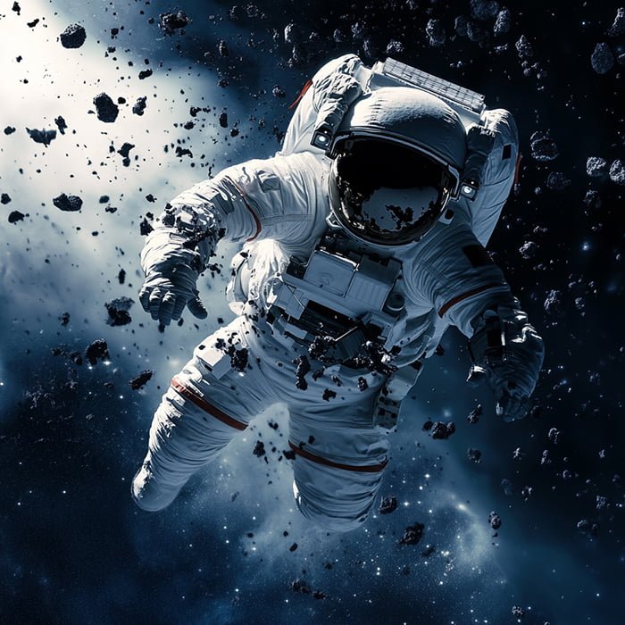 An astronaut in a white spacesuit floats in outer space, surrounded by small rocky debris with a dark, starry background, the silence contrasting the imagined sound of space noise.