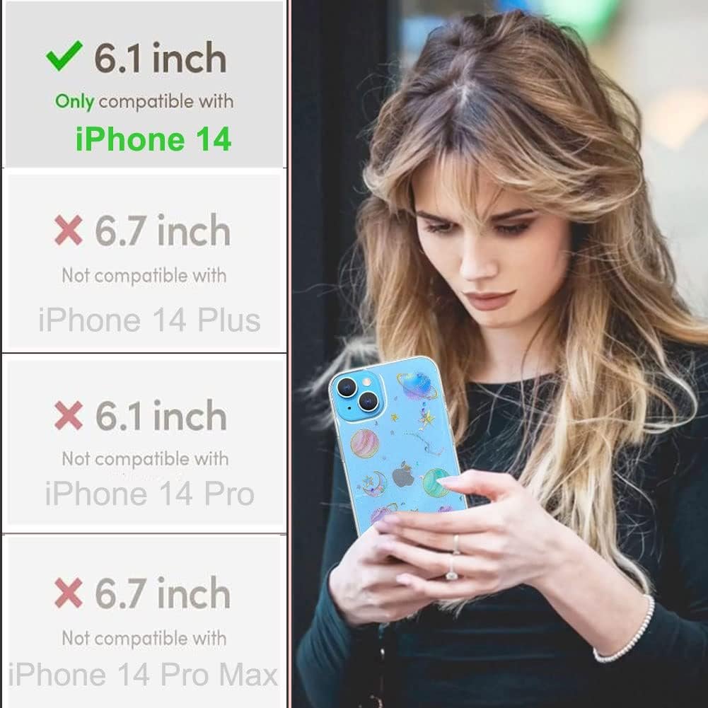 Abbery Designed for iPhone 14 6.1 inch Case Space Theme, Cute Bling Glitter Sparkly Clear with Design Soft Silicone TPU Rubber Stars and Moon Planet Aesthetic Case for Women Girls (Space)