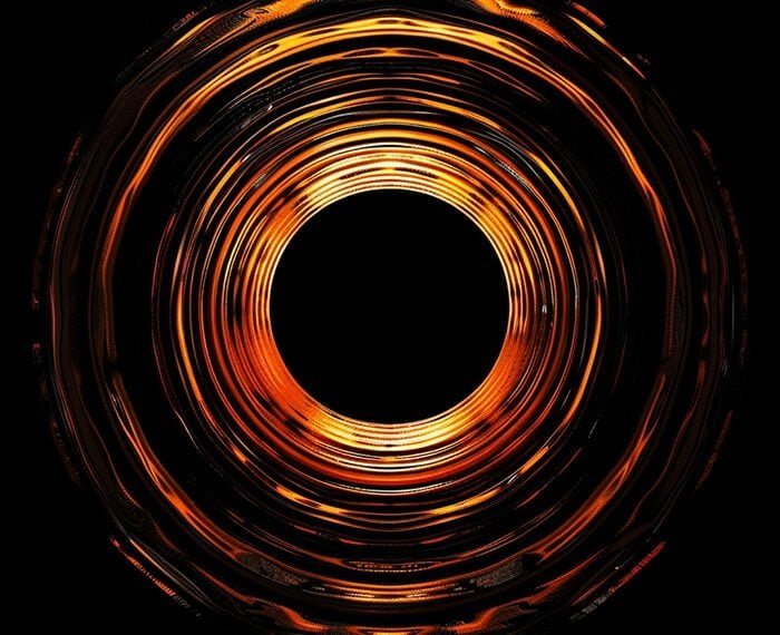 A circular pattern featuring concentric, glowing orange and yellow rings with a black center, resembling a tunnel or vortex against a black background, evokes the mystique of a black hole. The design captures the essence of cosmic physics and the mind-bending concept of escape.