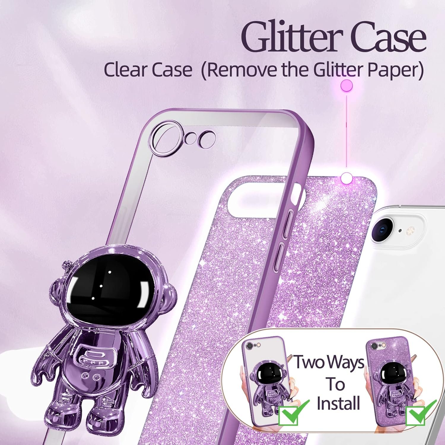 Buleens for iPhone SE 2022/ SE 2020/8/7 Case Astronaut, Clear Cases with Glitter Paper Spaceman Stand, Women Girls Cute Electroplated Sparkly Space Phone Cover for SE 2022/ SE 2020/8/7 Purple