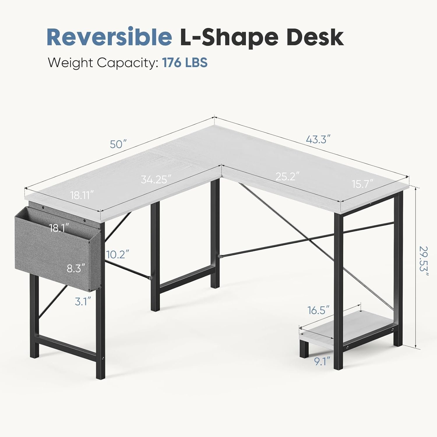 DUMOS L Shaped Computer Desk PC Gaming Table, 50 Inch, Black