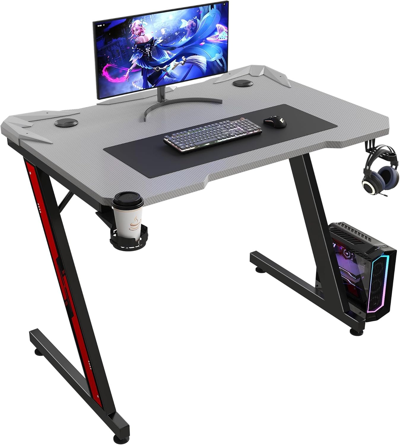Homall Gaming Desk, Computer Desk with Carbon Fiber Surface, Gaming Table Z Shaped PC Gaming Workstation Home Office Desks with Cup Holder and Headphone Hook (44 inch, Black)