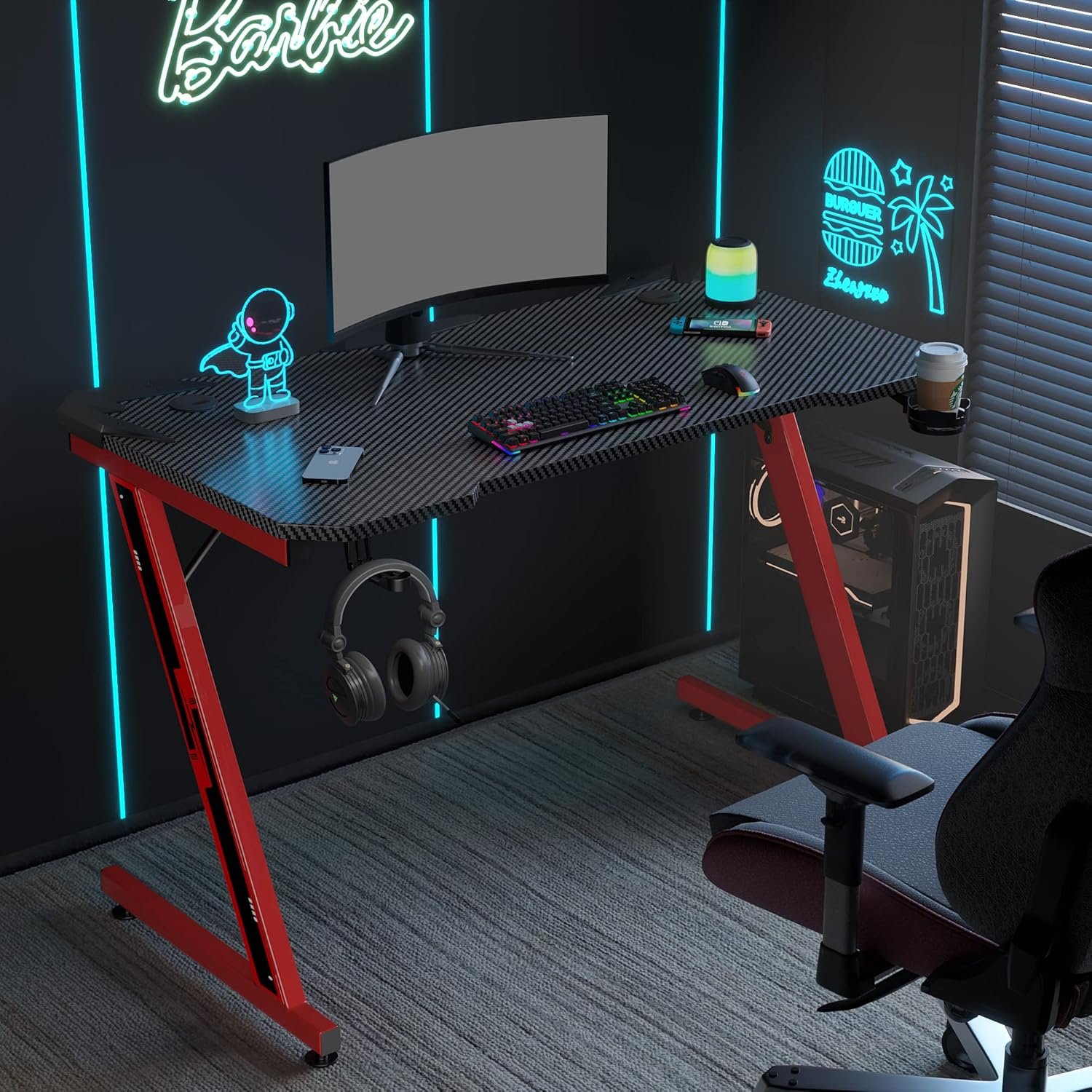 Homall Gaming Desk, Computer Desk with Carbon Fiber Surface, Gaming Table Z Shaped PC Gaming Workstation Home Office Desks with Cup Holder and Headphone Hook (44 inch, Black)