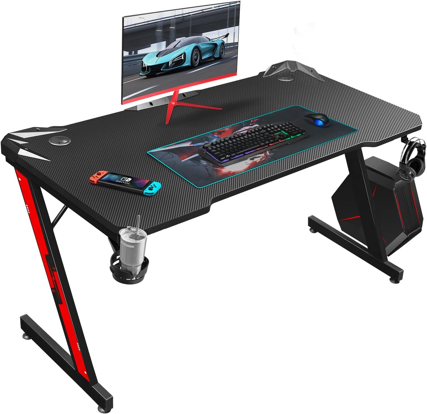 Homall Gaming Desk, Computer Desk with Carbon Fiber Surface, Gaming Table Z Shaped PC Gaming Workstation Home Office Desks with Cup Holder and Headphone Hook (44 inch, Black)
