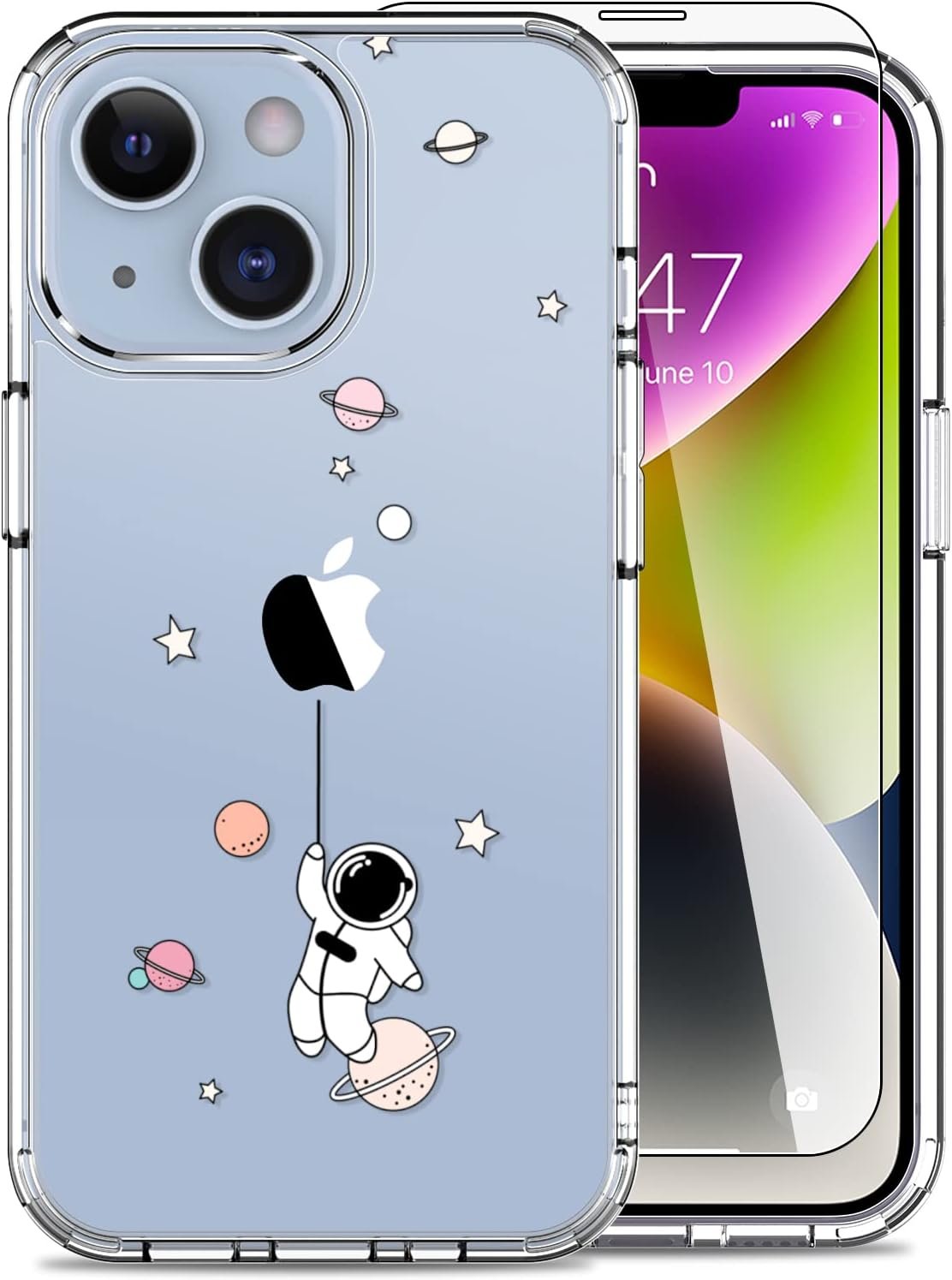 LUHOURI Designed for iPhone 14 Case with Screen Protector - Slim Fit, Sturdy Clear Acrylic Cover for Women and Girls - Protective Phone Case 6.1 - Astronaut in The Space