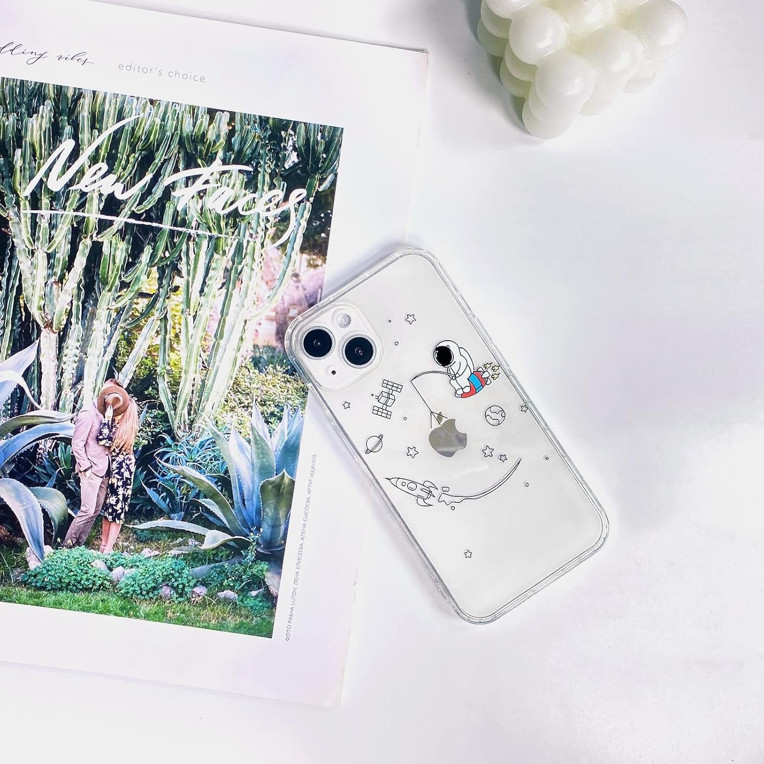 NITITOP Compatible with iPhone 14 Case Clear Cute with Astronaut Outer Space Aesthetic Planet Star Creative Pattern, for Women Girl Soft TPU Shockproof Cover for iPhone 14-Embrace