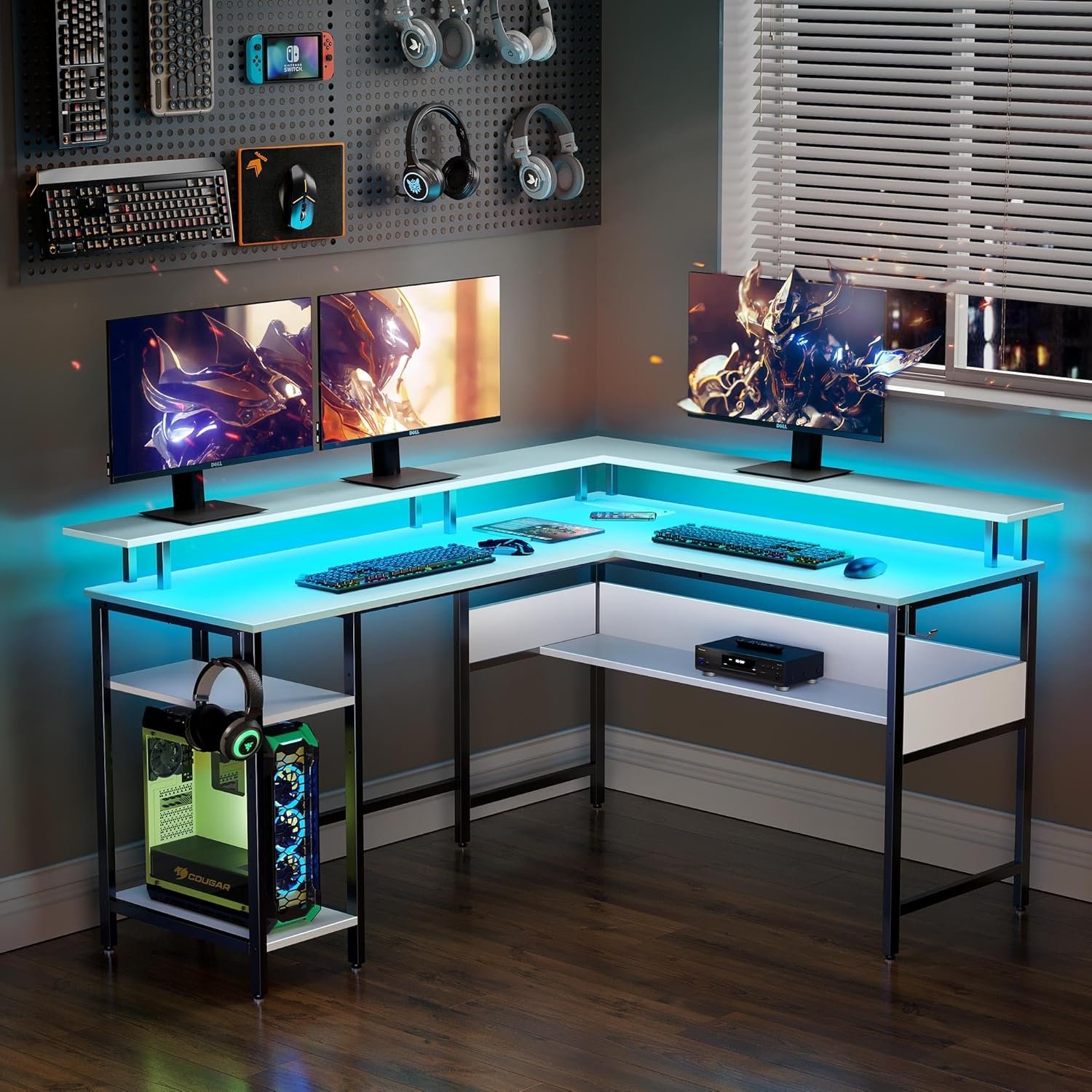 Rolanstar Computer Desk L Shaped 56.7 with LED Lights and Power Outlets, Reversible L Shaped Gaming Desk with Monitor Stand, Home Office Desk with Storage, Desk with USB Port and Hook, Black
