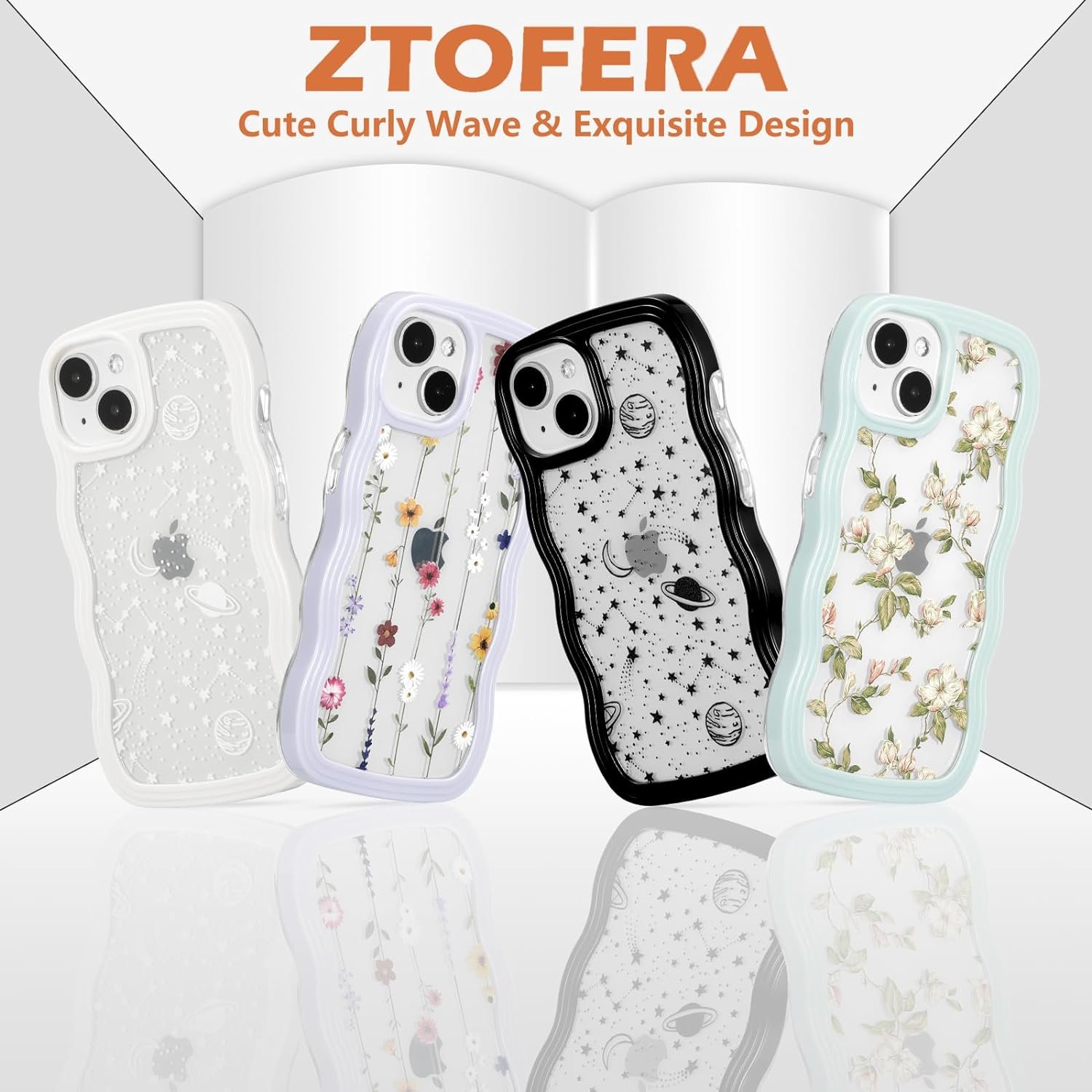 ZTOFERA for iphone 13/iphone 14 Case 6.1 inch,Cute Curly Wave Frame Shape Case with Star Space Pattern, Clear Slim Shockproof Hard PC Bumper Phone Case for iphone 13/14, Black