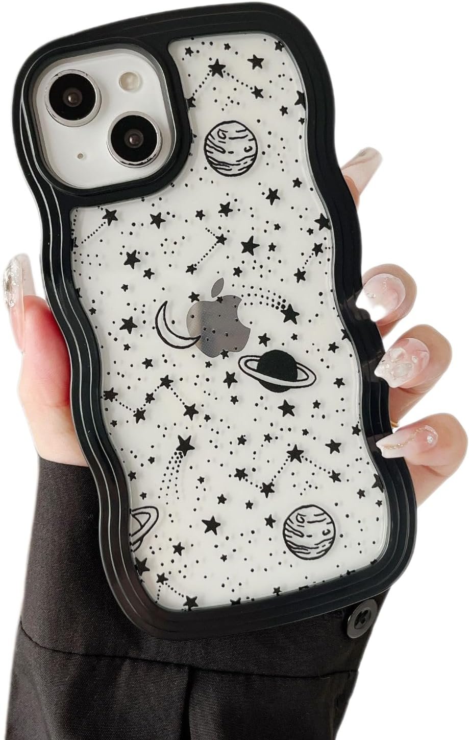 ZTOFERA for iphone 13/iphone 14 Case 6.1 inch,Cute Curly Wave Frame Shape Case with Star Space Pattern, Clear Slim Shockproof Hard PC Bumper Phone Case for iphone 13/14, Black